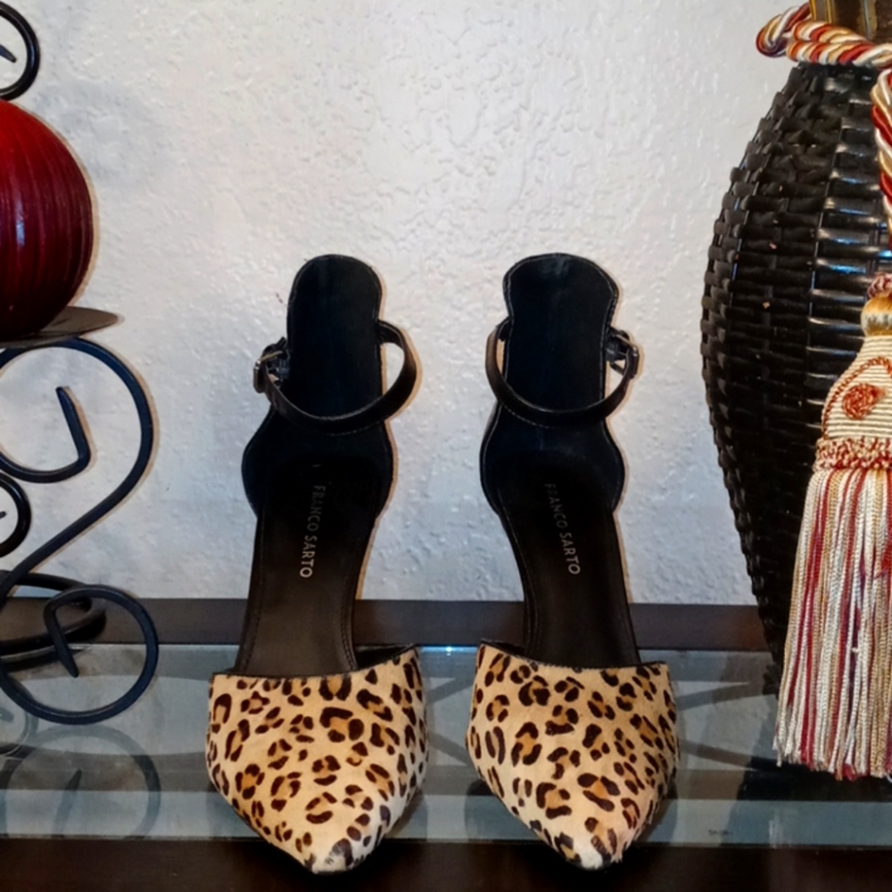 Franco Sarto Leopard Print Pointed-Toe Ankle Strap Heels - Black & Leopard